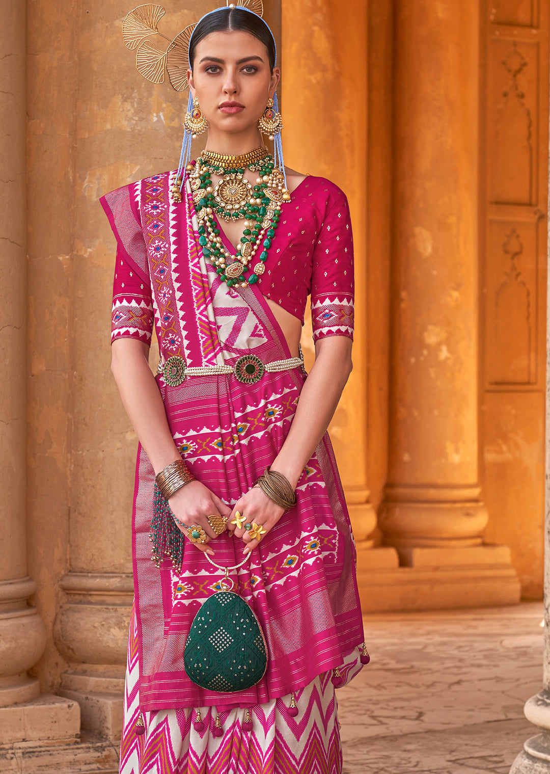 White & Pink Woven Patola Silk Saree