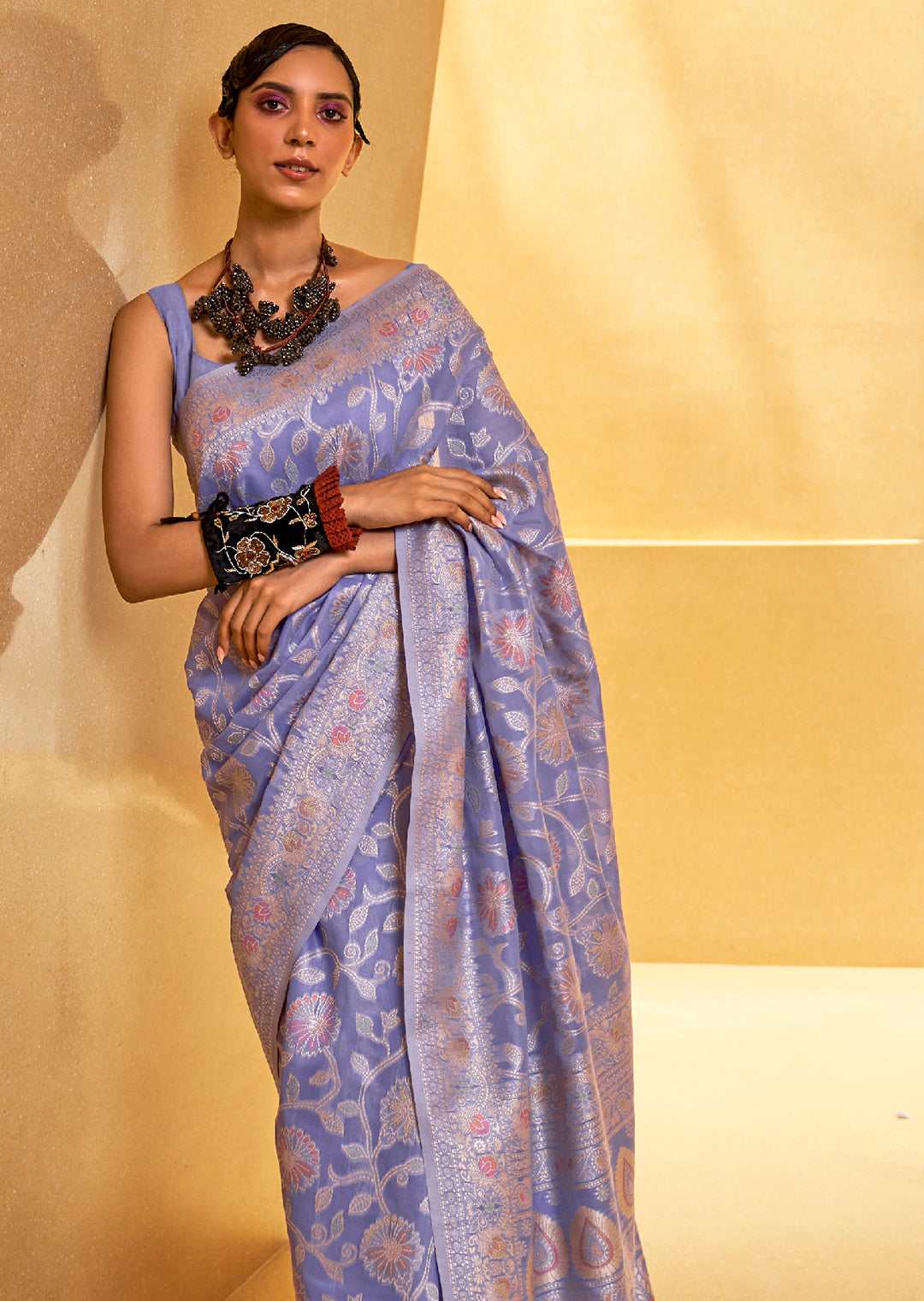 PERIWINKLE PURPLE  WOVEN CHIKANKARI LUCKNOWI COTTON SAREE