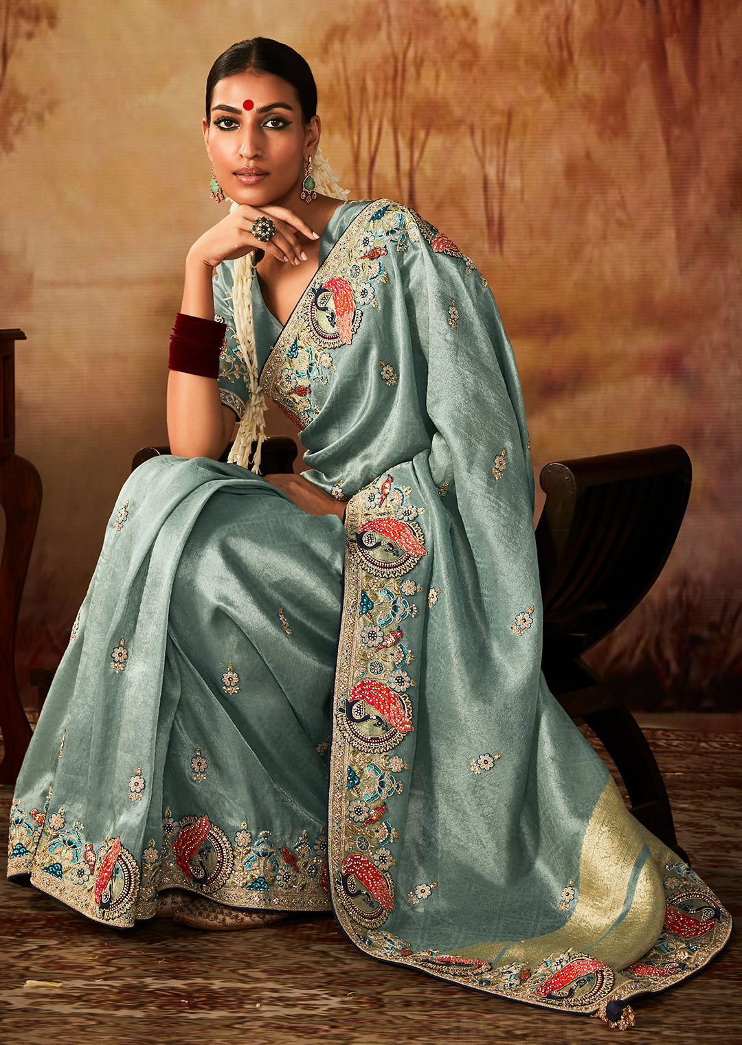 Powder Blue	Zari Woven Heavy Embroidered Designer Kanjivaram Silk Saree