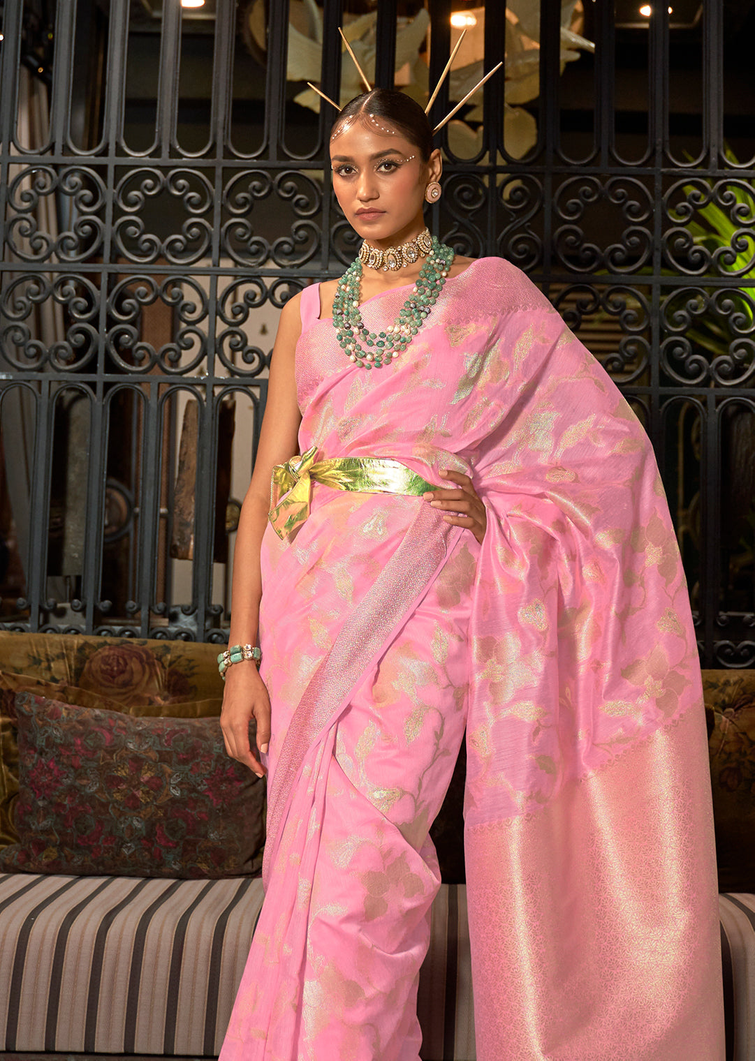 Carnation Pink Zari Woven Pure Handloom Linen Silk Saree