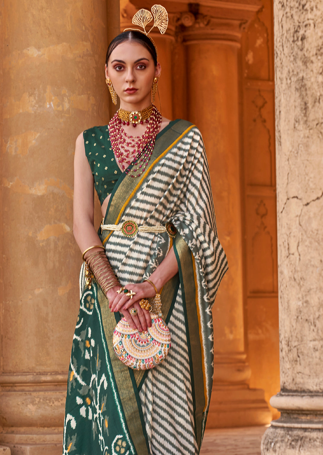 White & Green Woven Patola Silk Saree