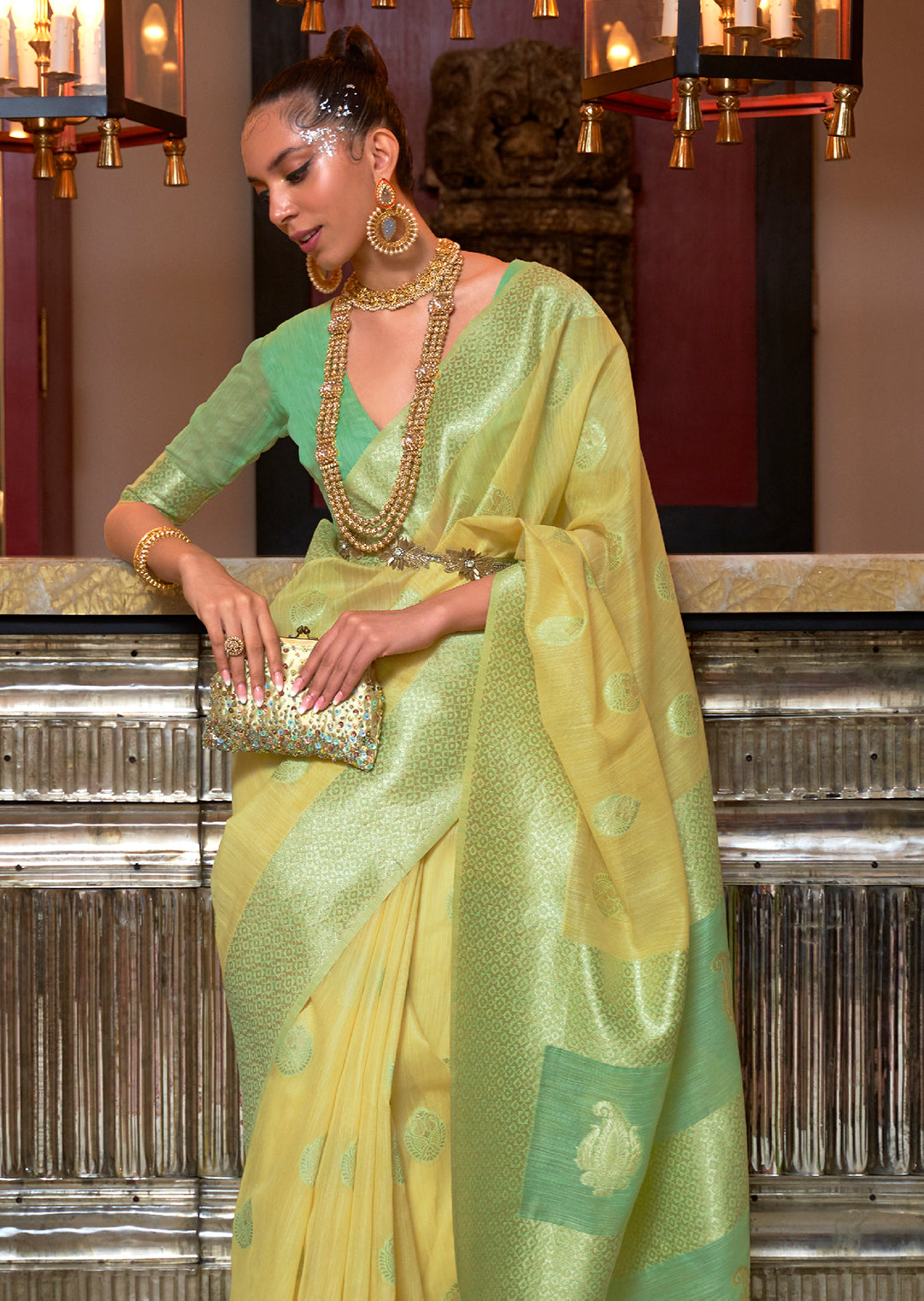 Lime Yellow Woven Pure Handloom Linen Saree