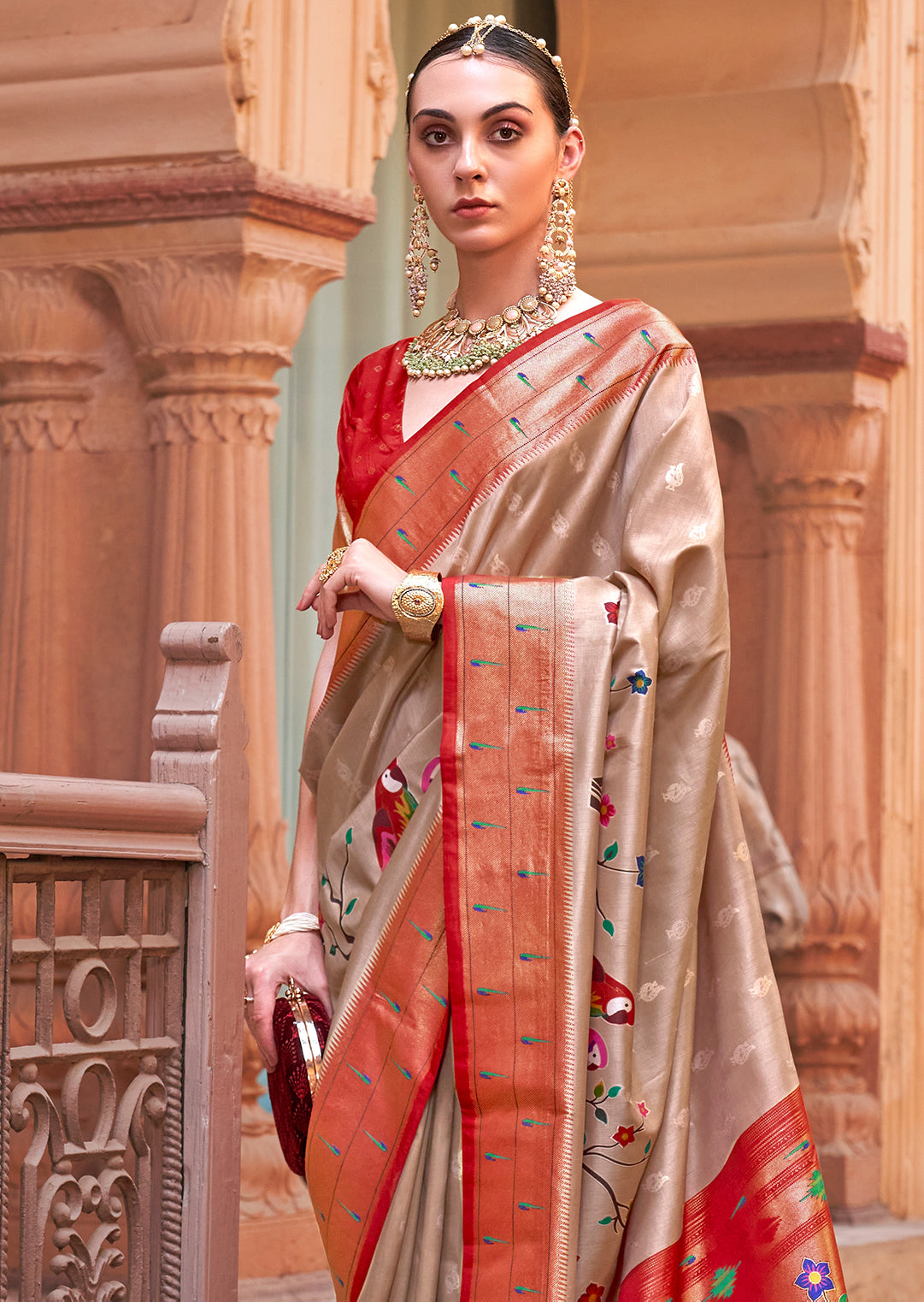 Beige & Red Woven Paithani Silk Saree