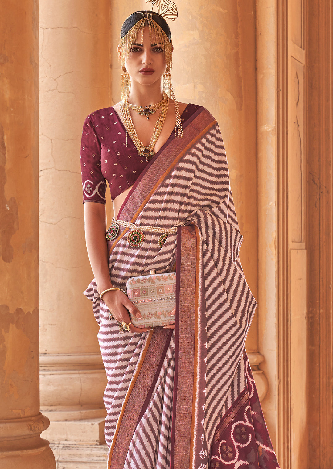 White & Brown Woven Patola Silk Saree