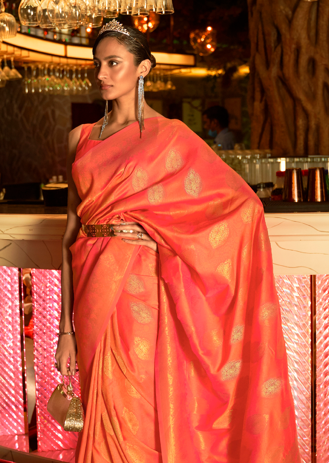 Coral Orange	Zari Woven Pure Handloom Banarasi Silk Saree