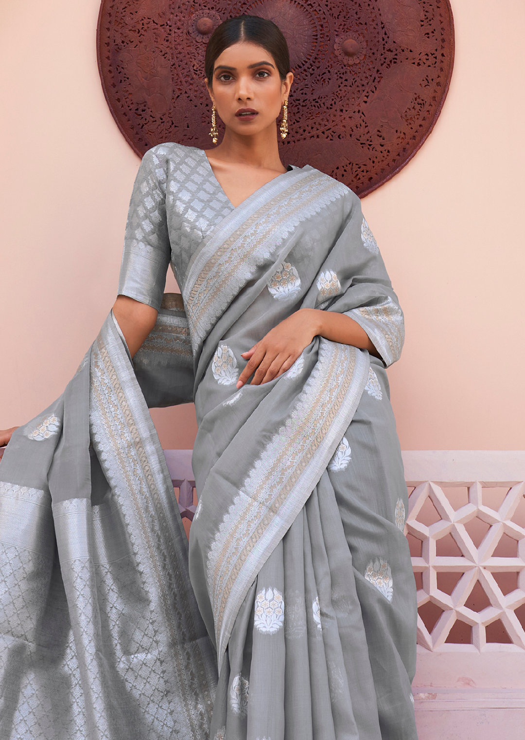 CLOUD GRAY WOVEN PURE HANDLOOM LINEN SAREE