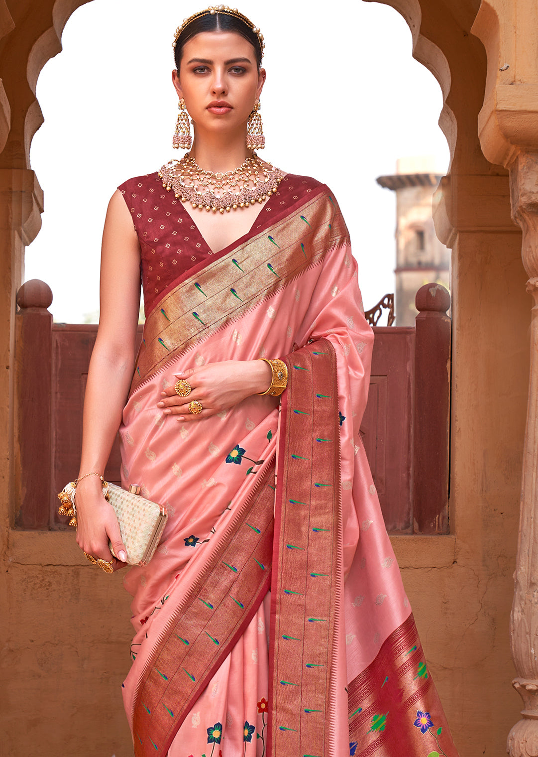 Crepe Pink & Brown Woven Paithani Silk Saree