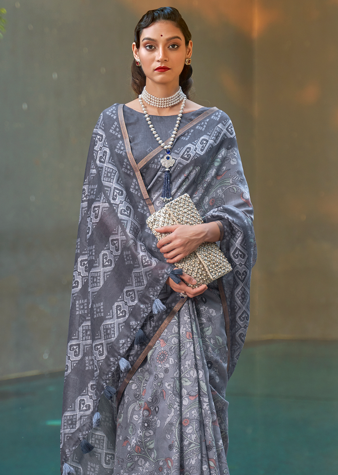 Deep Grey Woven handloom Chanderi Cotton Saree