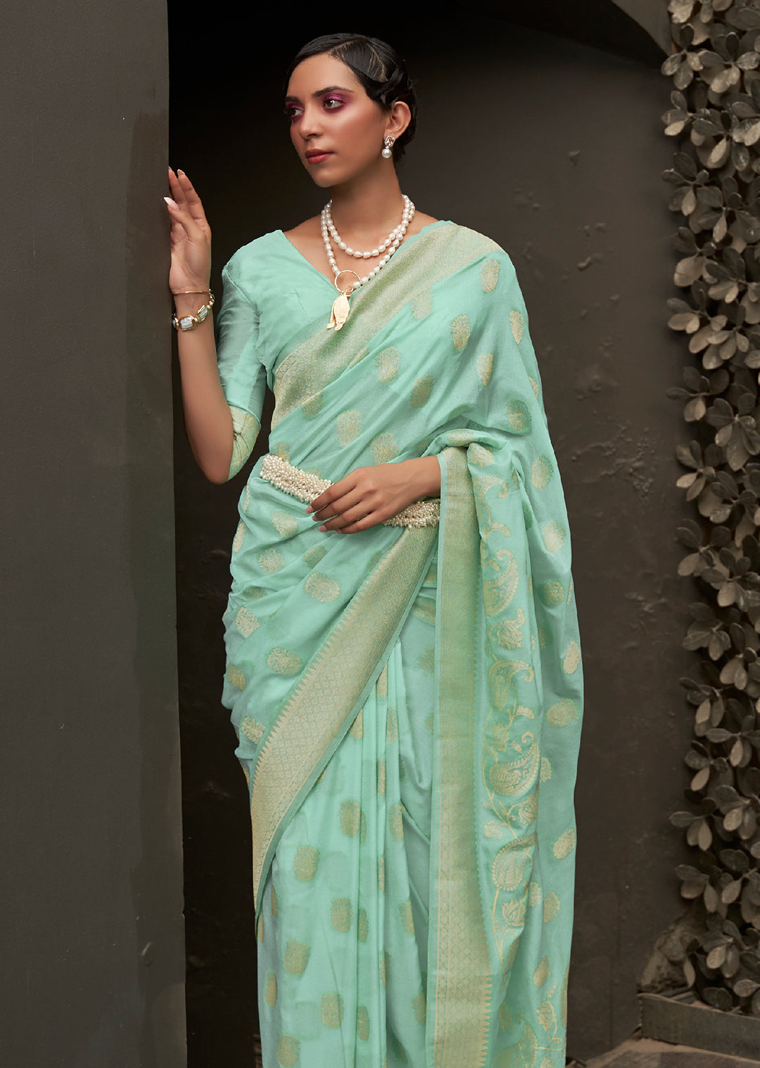 Mint Green Woven Two Tone Chinon Chiffon Silk Saree