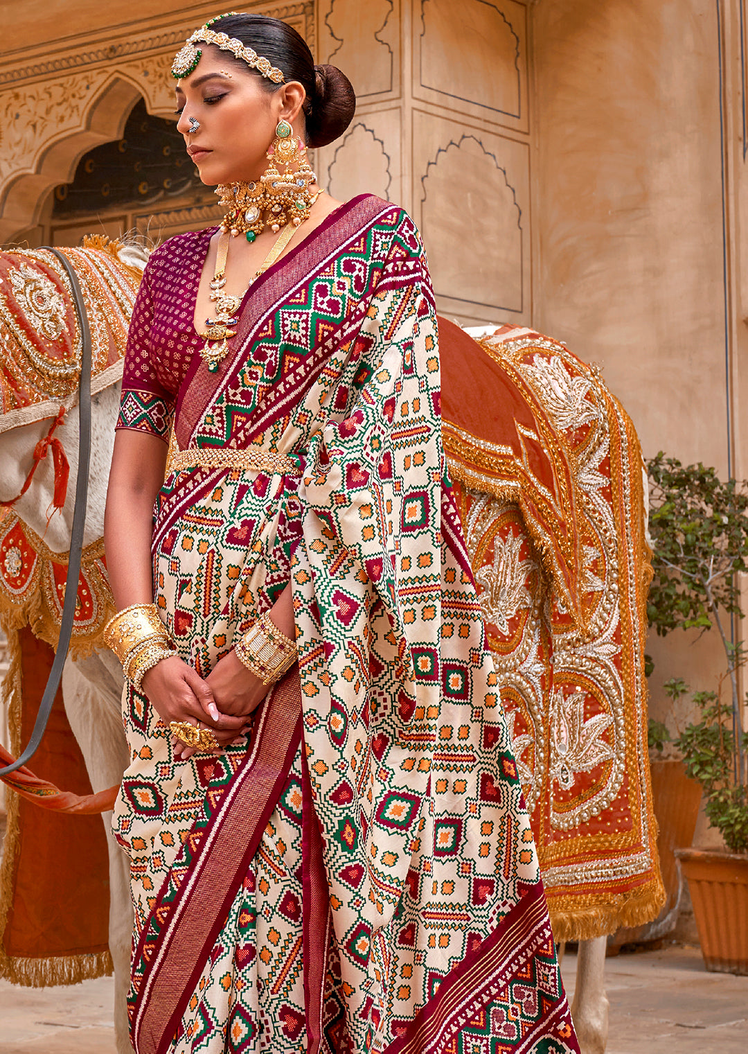 Maroon Red & White Woven Patola Silk Saree