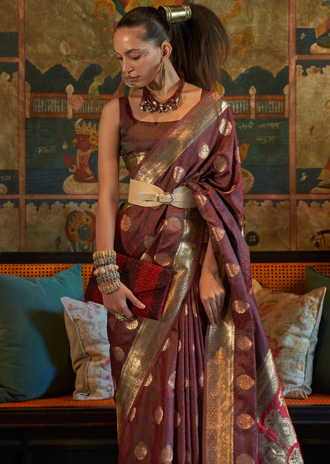 Mahogani Brown Zari Woven Handloom Pure Banarasi Satin Silk Saree