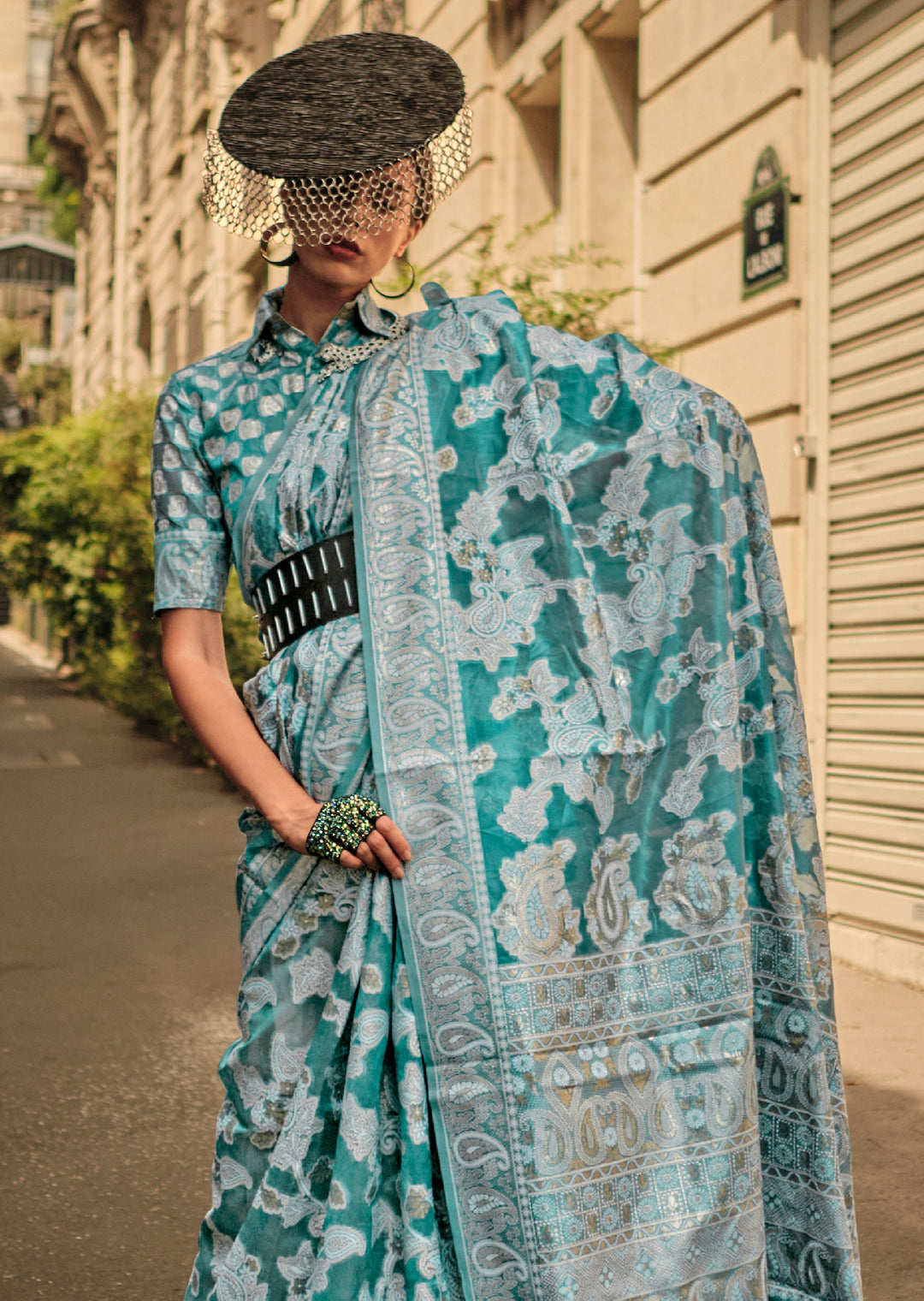 Turquoise Blue Woven Handloom Chikankari Lucknowi Organza Silk Saree