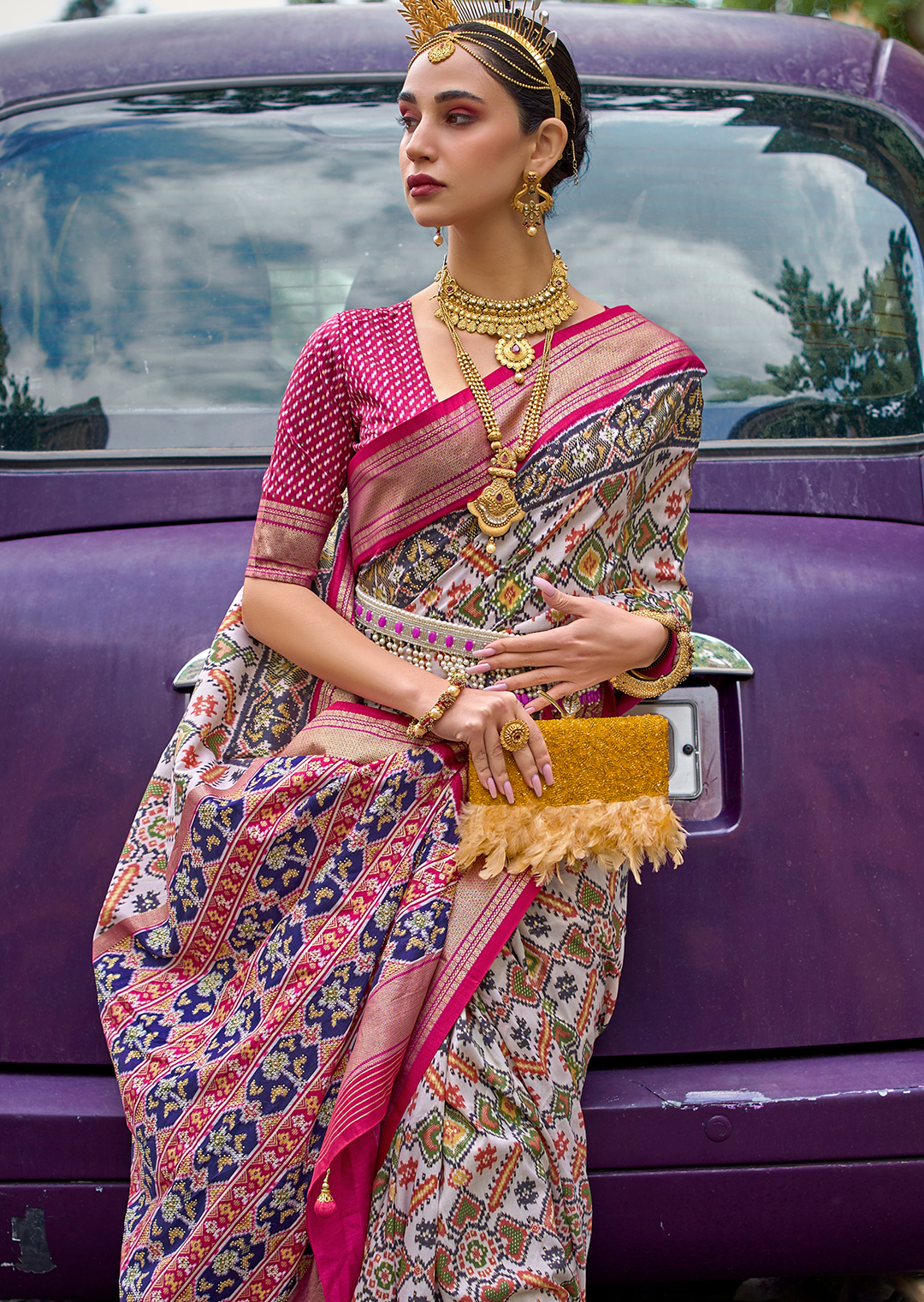 White & Pink Woven Royal Traditional Patola Silk Saree