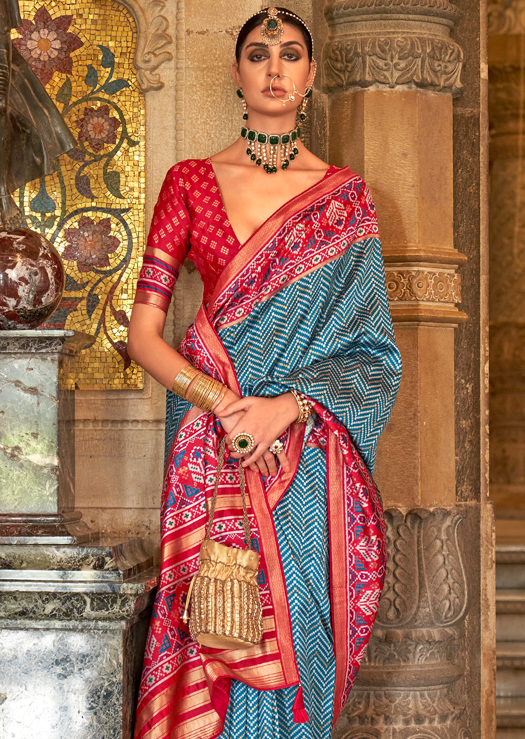 Teal Blue Woven Royal Traditional Patola Silk Saree