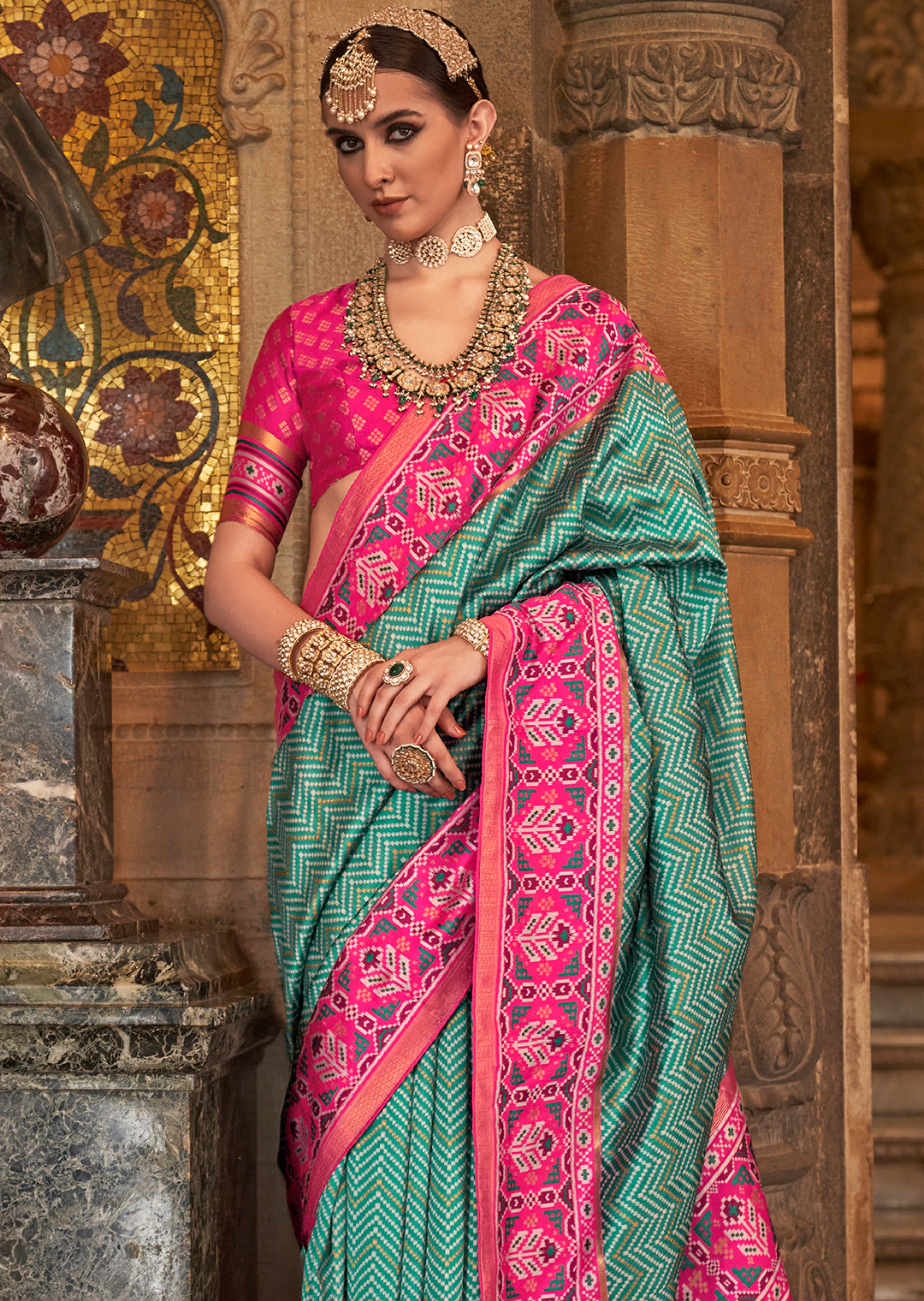 Teal Green Woven Royal Traditional Patola Silk Saree