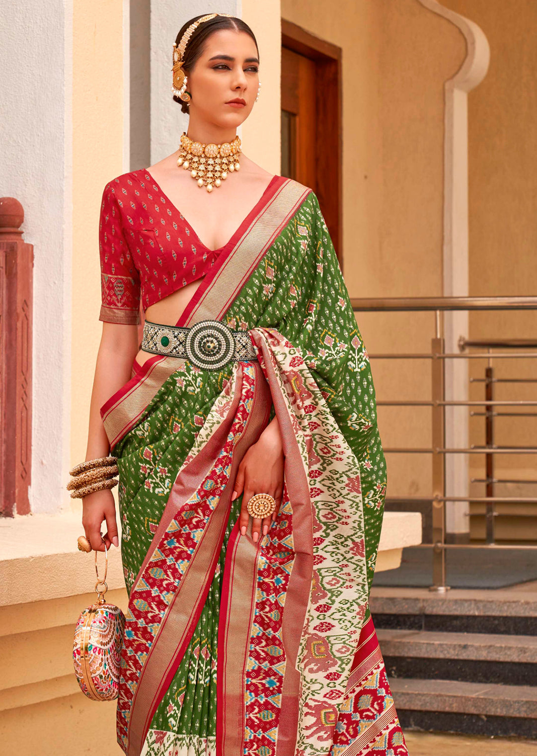 Olive Green Woven Traditional Patola Silk Saree