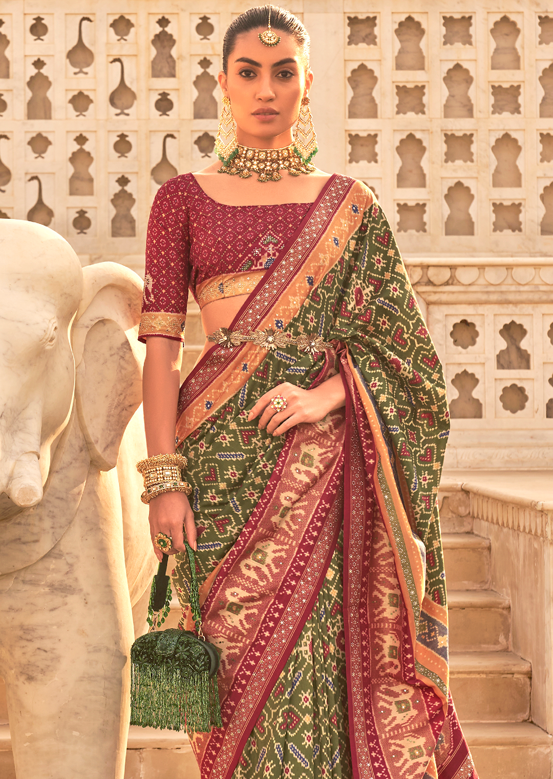 Olive Green Woven Royal Traditional Patola Silk Saree