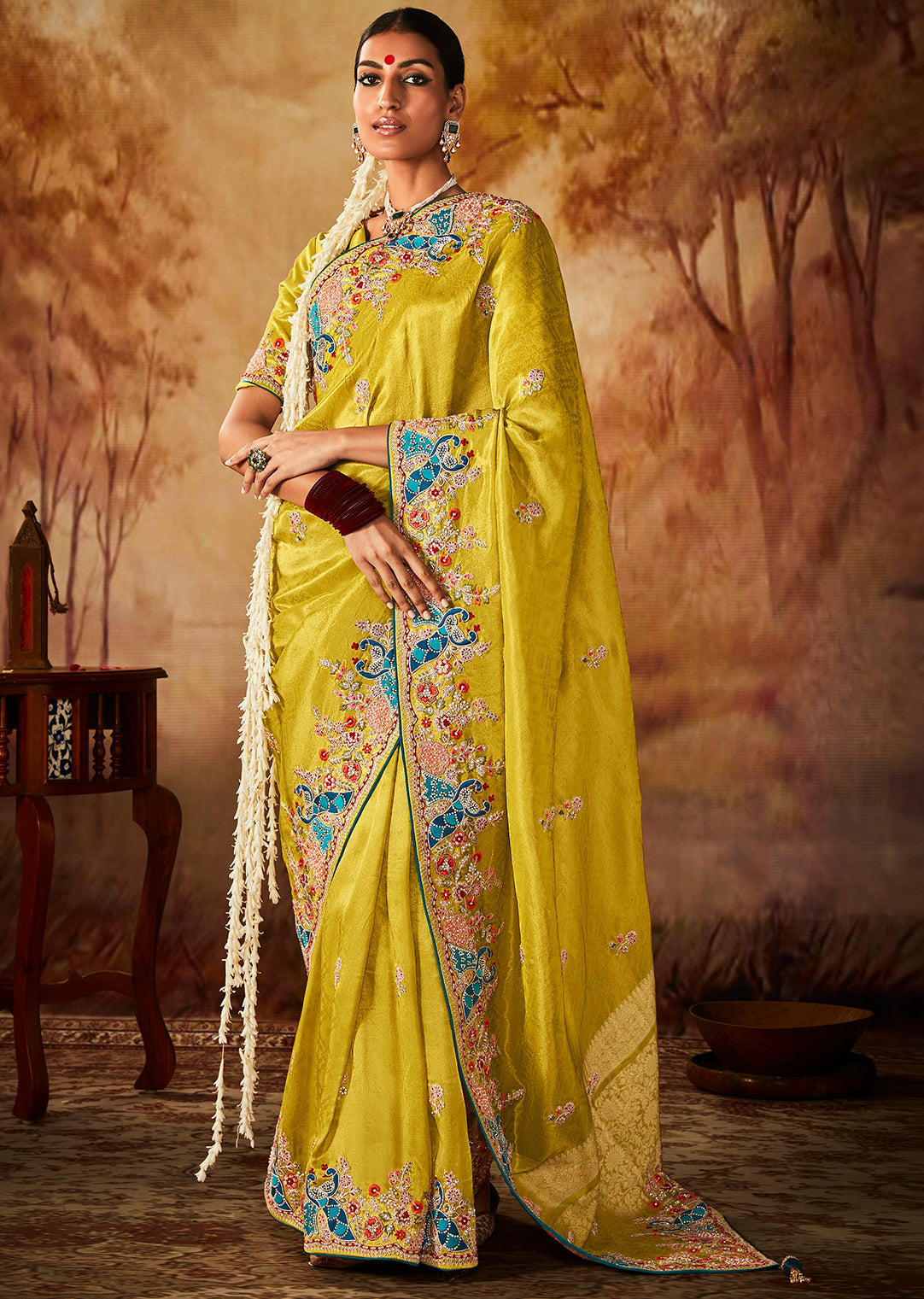 Lemon Yellow Zari Woven Heavy Embroidered Designer Kanjivaram Silk Saree