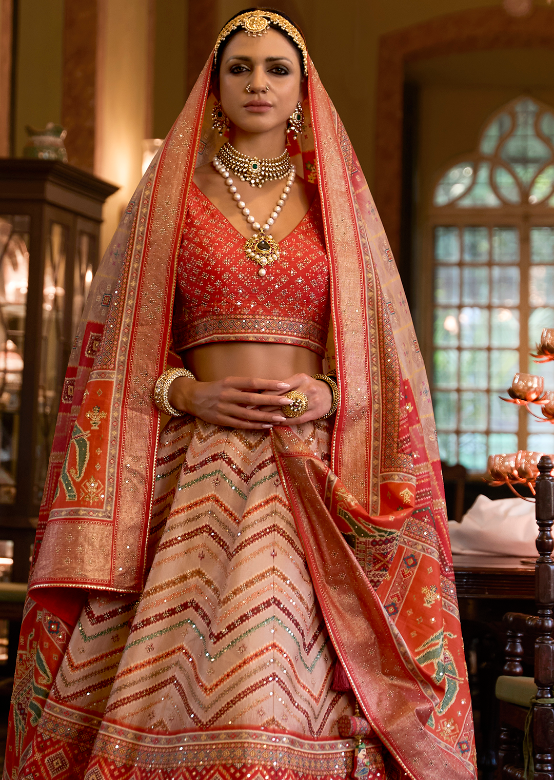 Orange Woven Traditional Rajwadi Patola Silk Lehenga