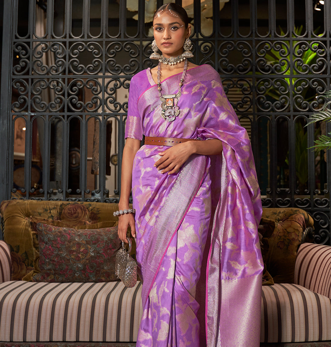 Violet Zari Woven Pure Handloom Linen Silk Saree