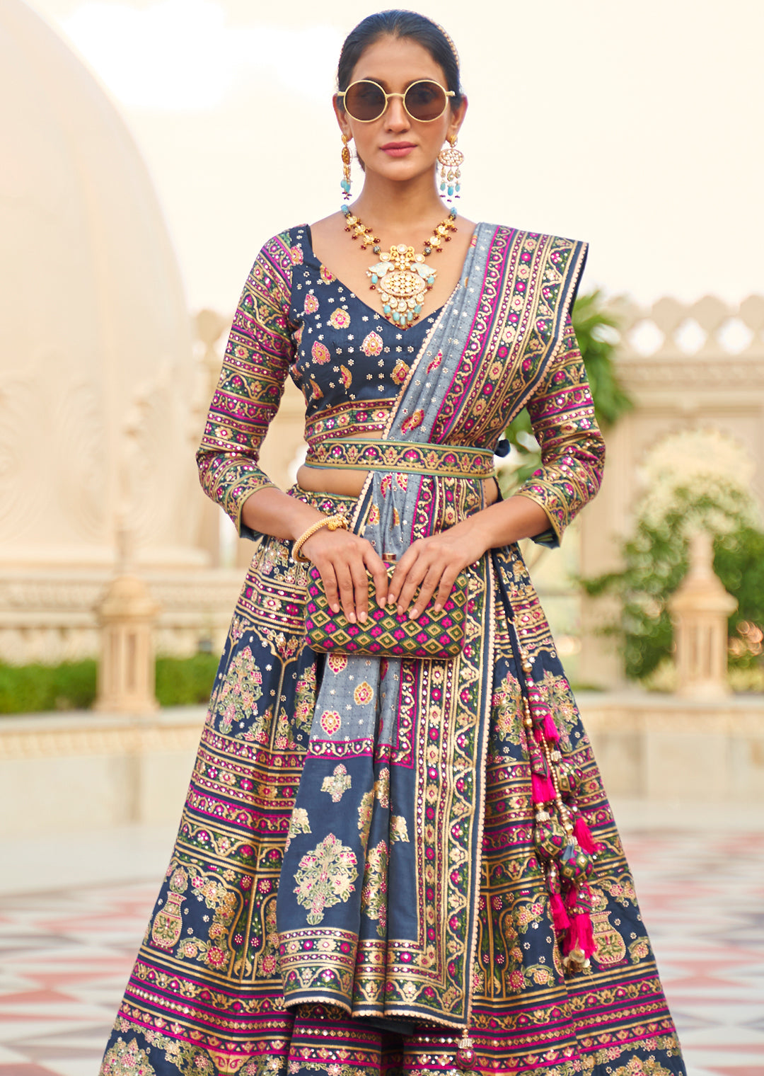 Midnight Blue Woven Traditional Rajwadi Patola Silk Lehenga