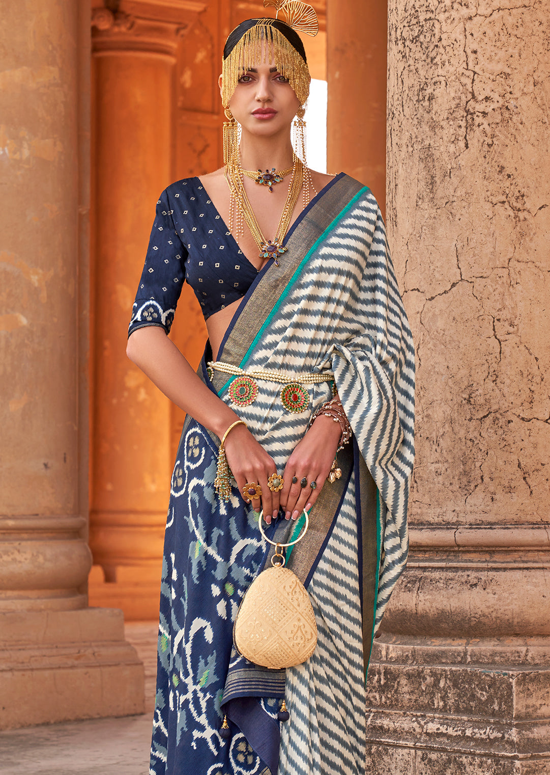 White & Blue Woven Patola Silk Saree