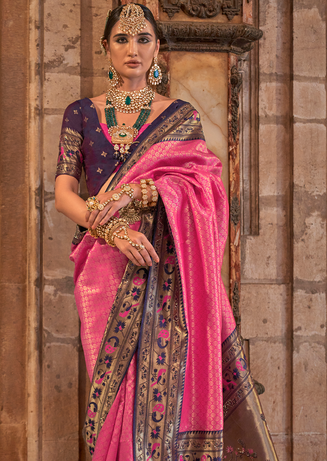 Deep Pink Zari Woven Kanjivaram Paithani Silk Saree