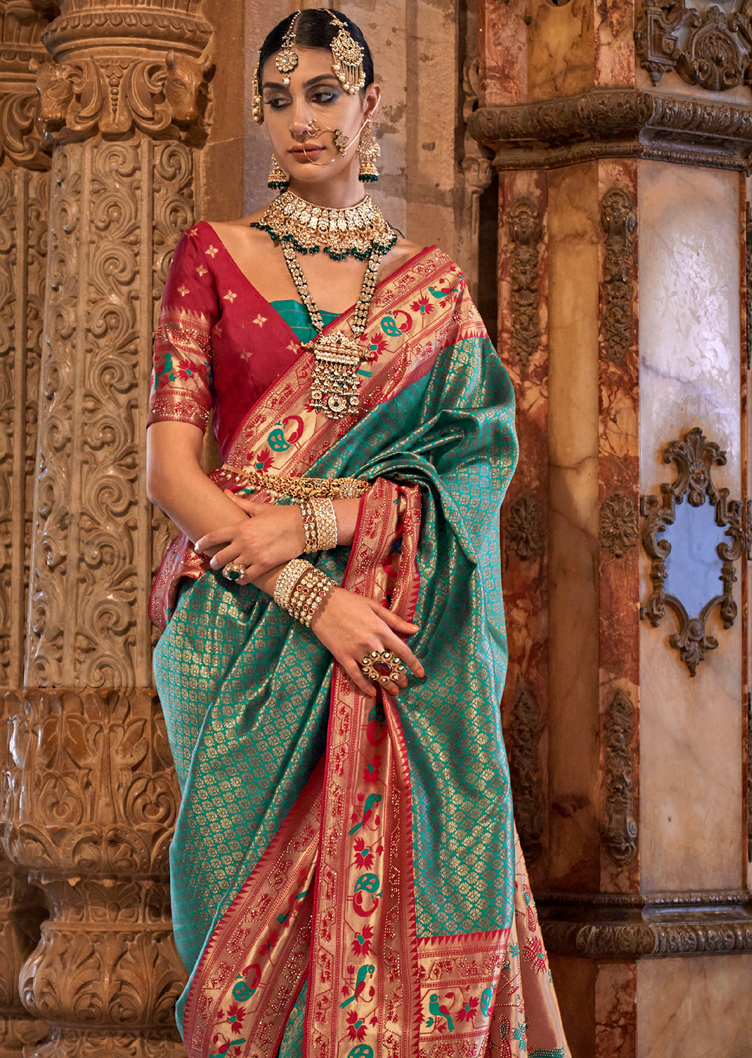 Teal Green & Red Zari Woven Kanjivaram Paithani Silk Saree