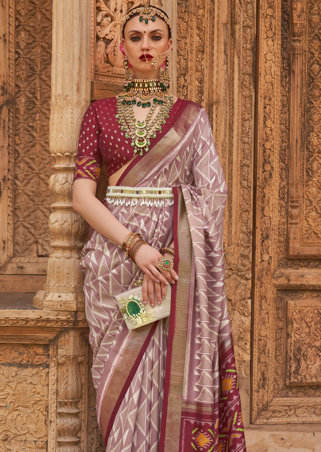 Turkish rose Pink Woven Patola Silk Saree