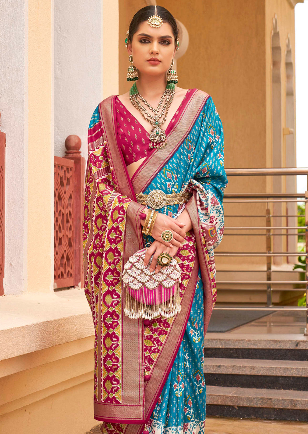 Deep Sky Blue Woven Traditional Patola Silk Saree