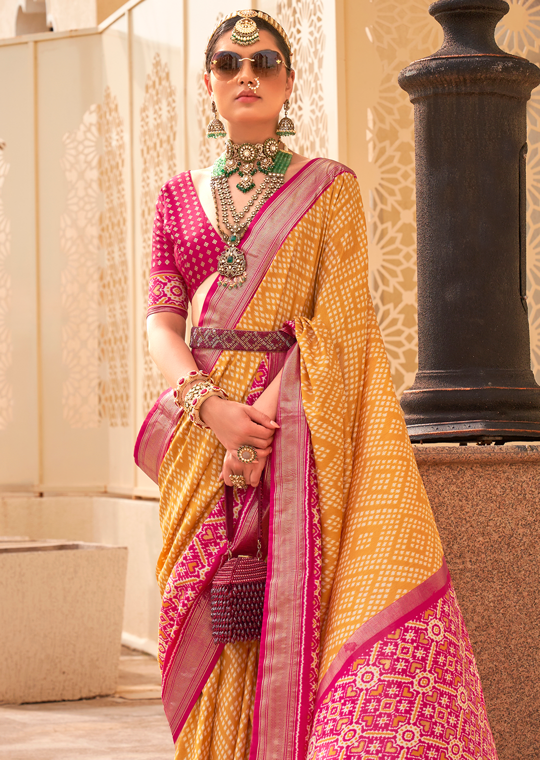 Mustard Yellow & Red	Woven Patola Silk Saree