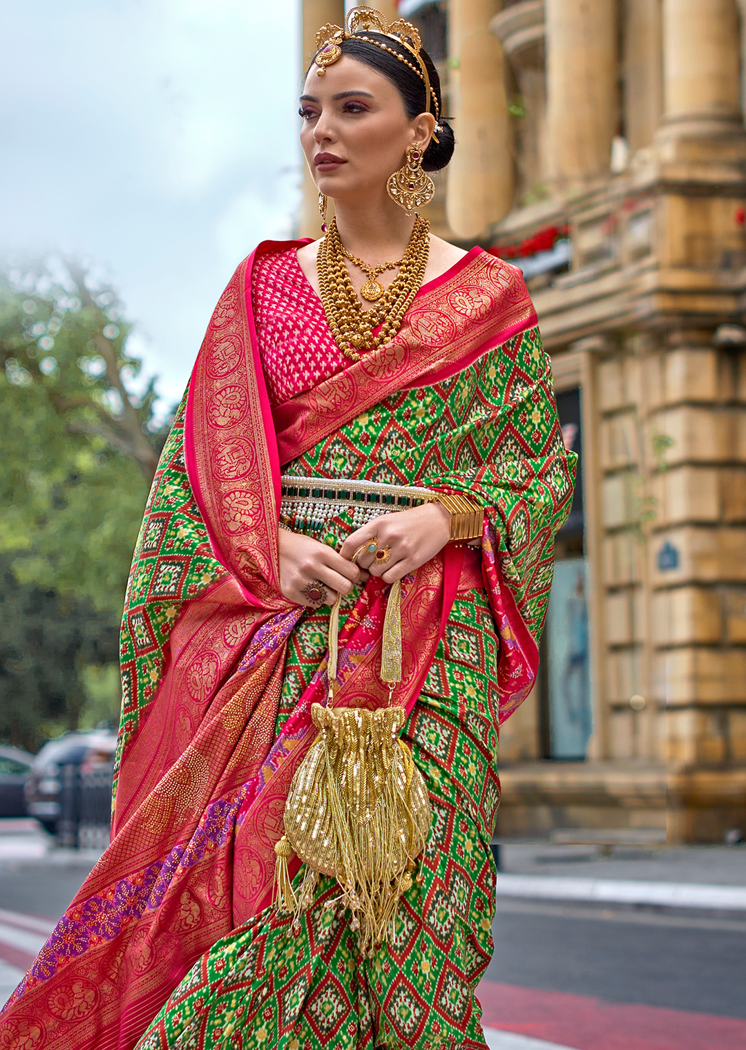 Green & Red	Woven Royal Traditional Patola Silk Saree