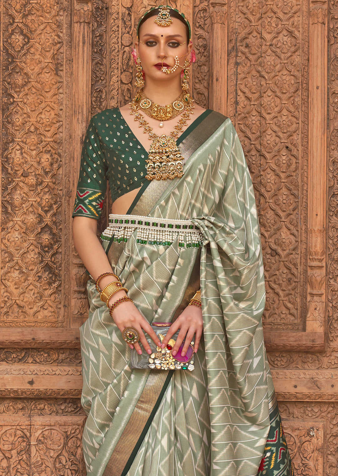 Tea Green Woven Patola Silk Saree