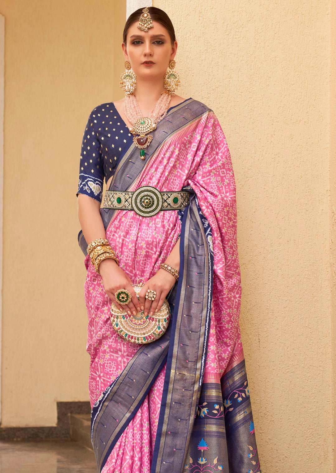 Carnation Pink Woven Traditional Patola Silk Saree