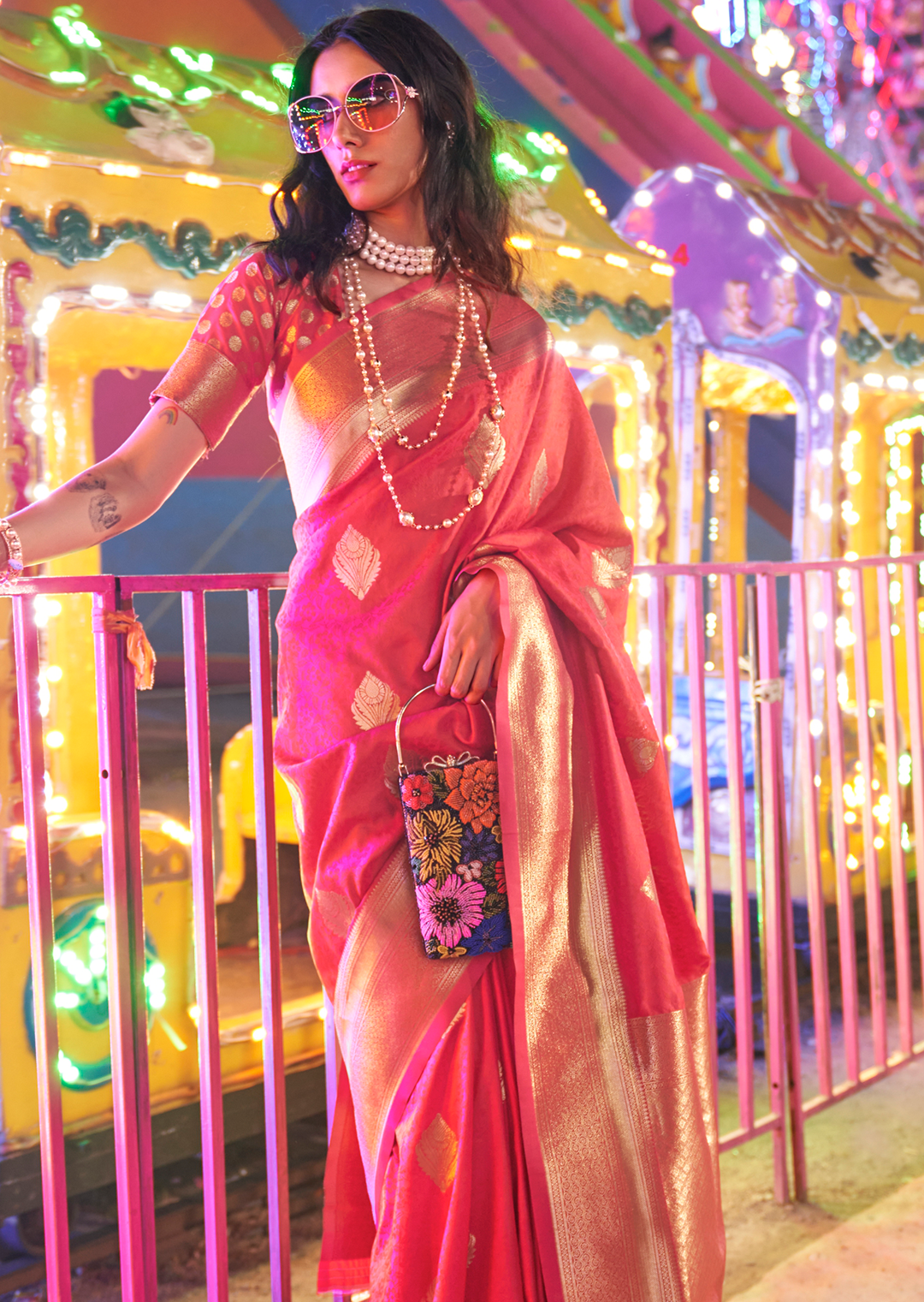 Coral Red Woven Handloom Kanjivaram Banarasi Silk Saree