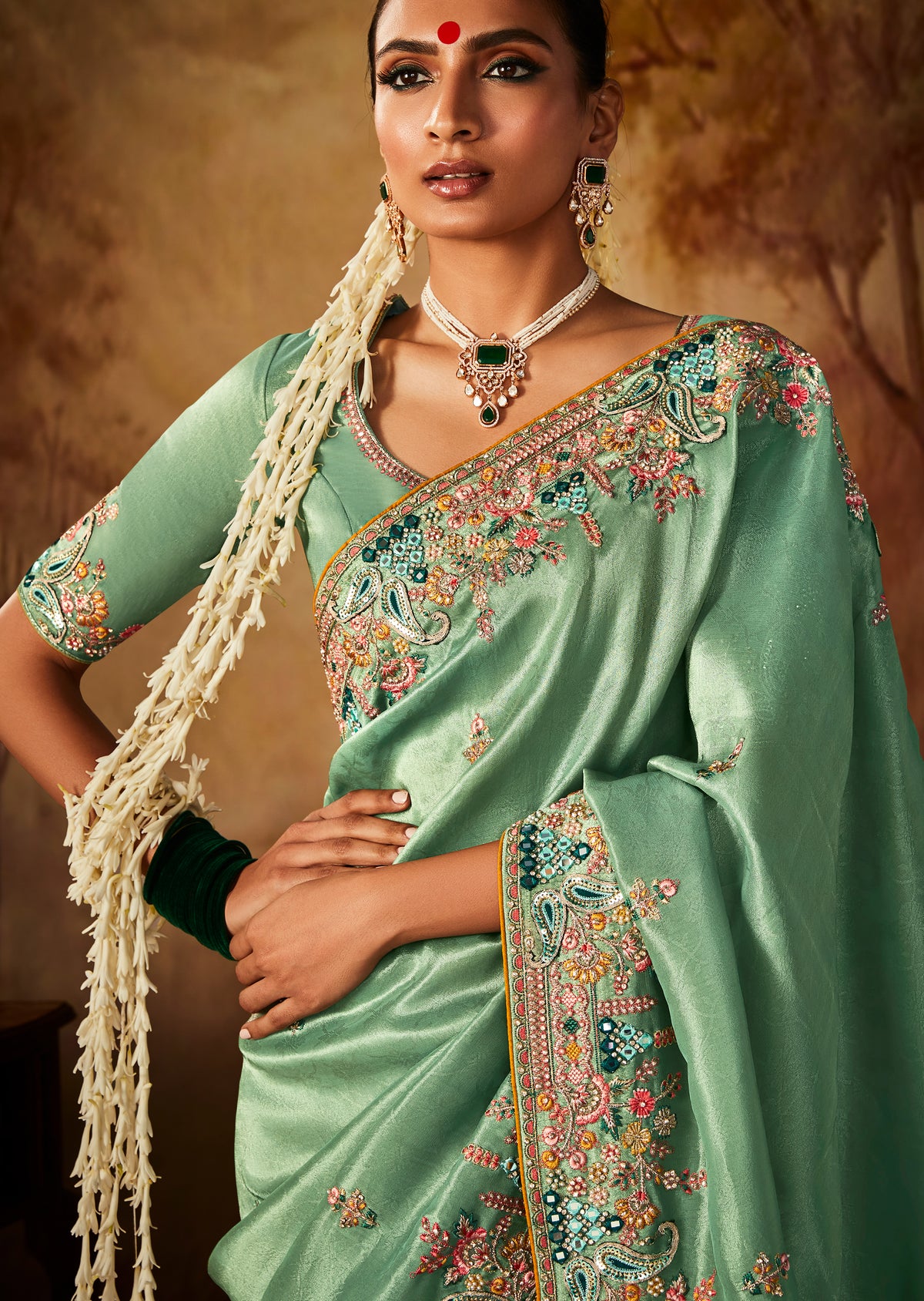 Tiffany Green Zari Woven Heavy Embroidered Designer Kanjivaram Silk Saree