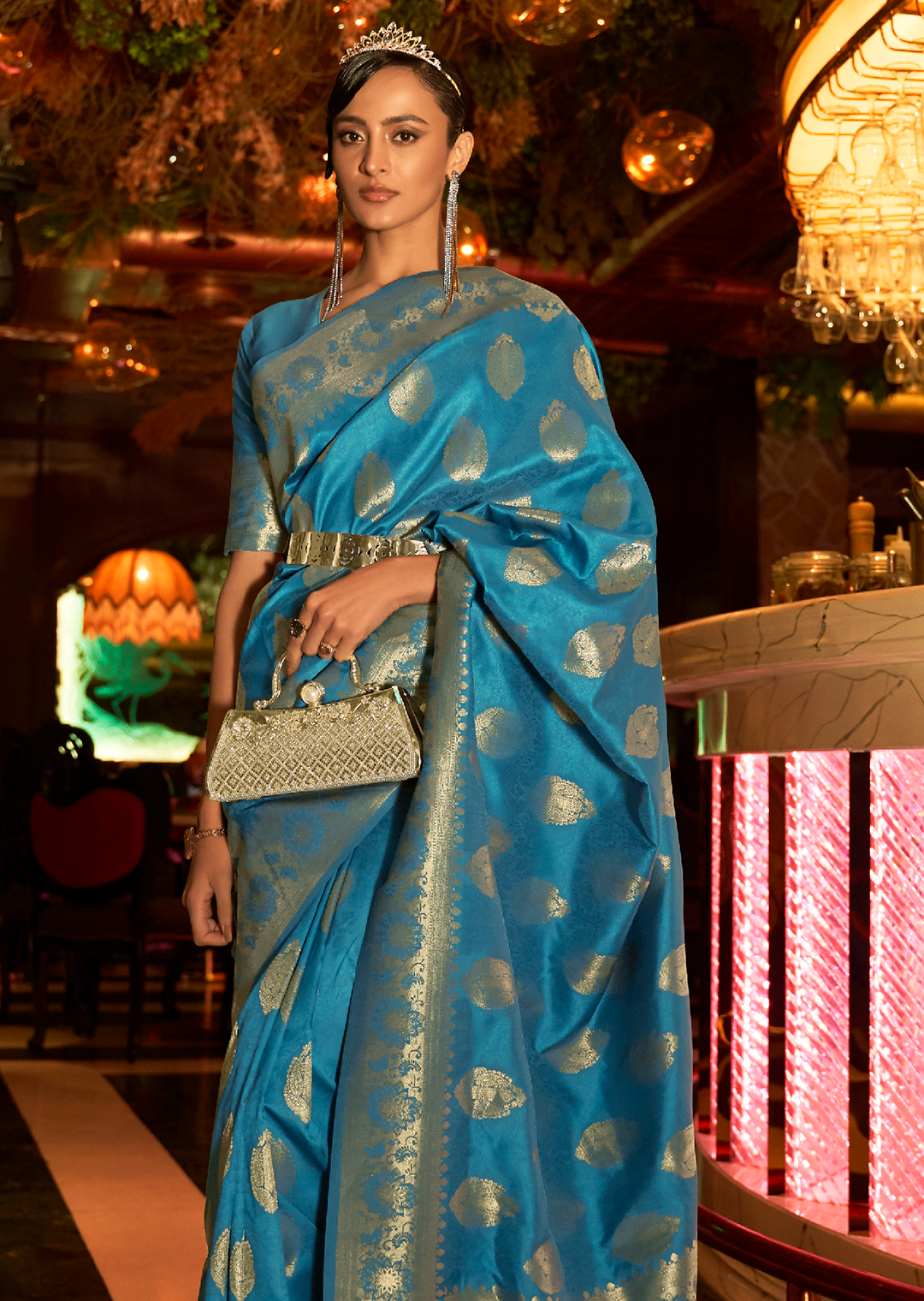 Deep Sky Blue Zari Woven Pure Handloom Banarasi Silk Saree