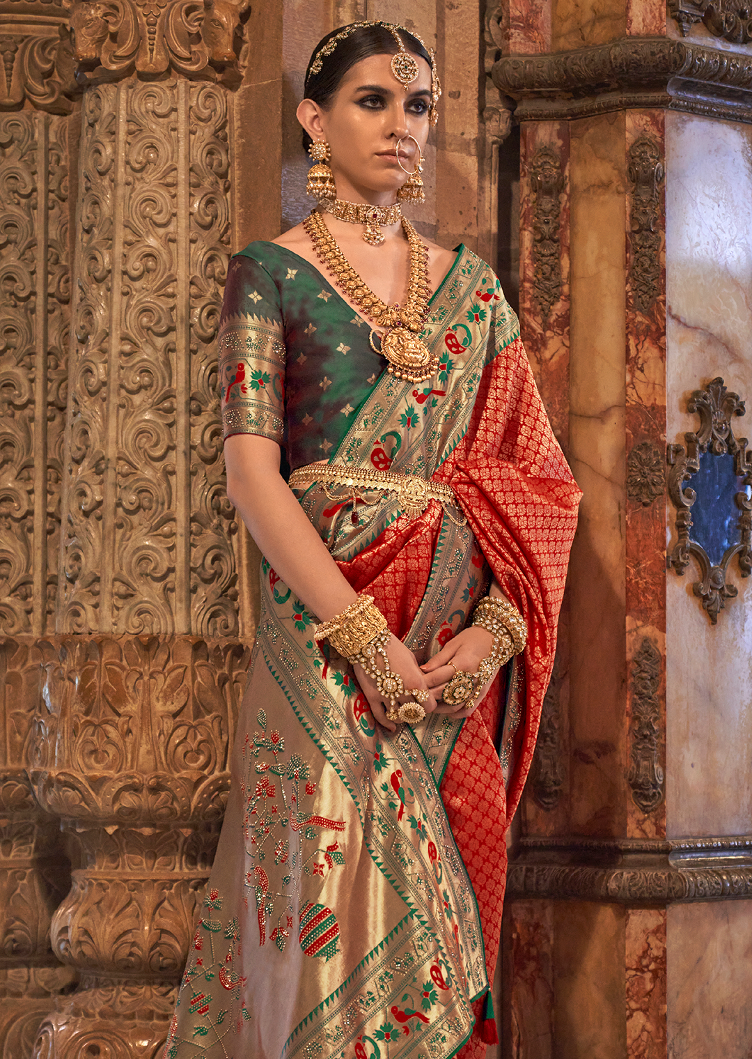 Red & Green Zari Woven Kanjivaram Paithani Silk Saree