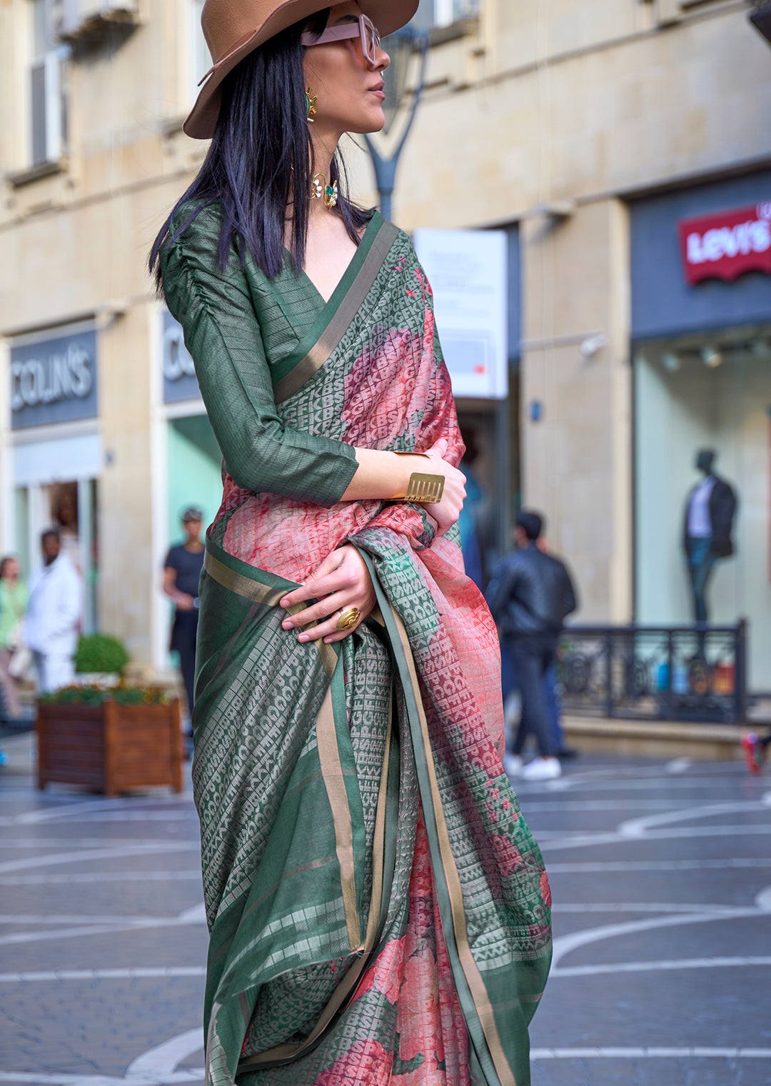 Bottle Green Woven Digital Printed Crepe Silk Saree