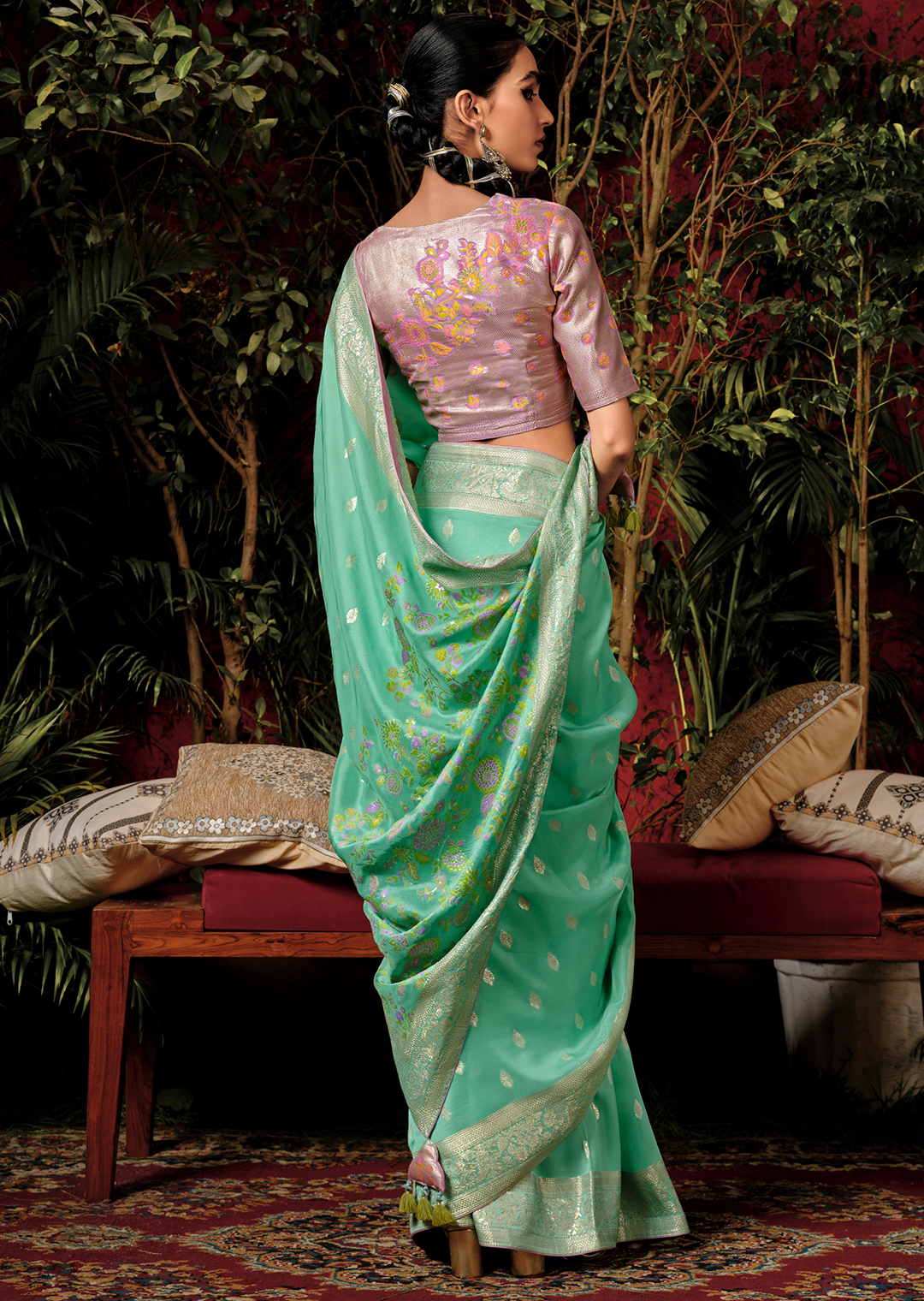 Mint Green Woven Pure Viscose Dola Silk Banarasi Saree