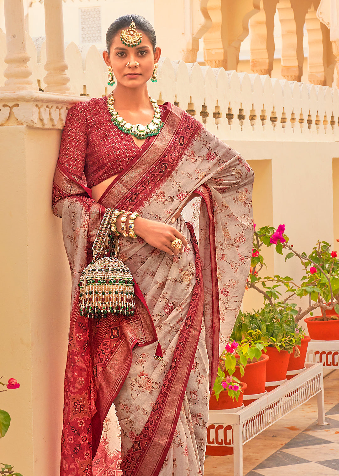 Cloud Grey & Red Woven Chiffon Patola Saree