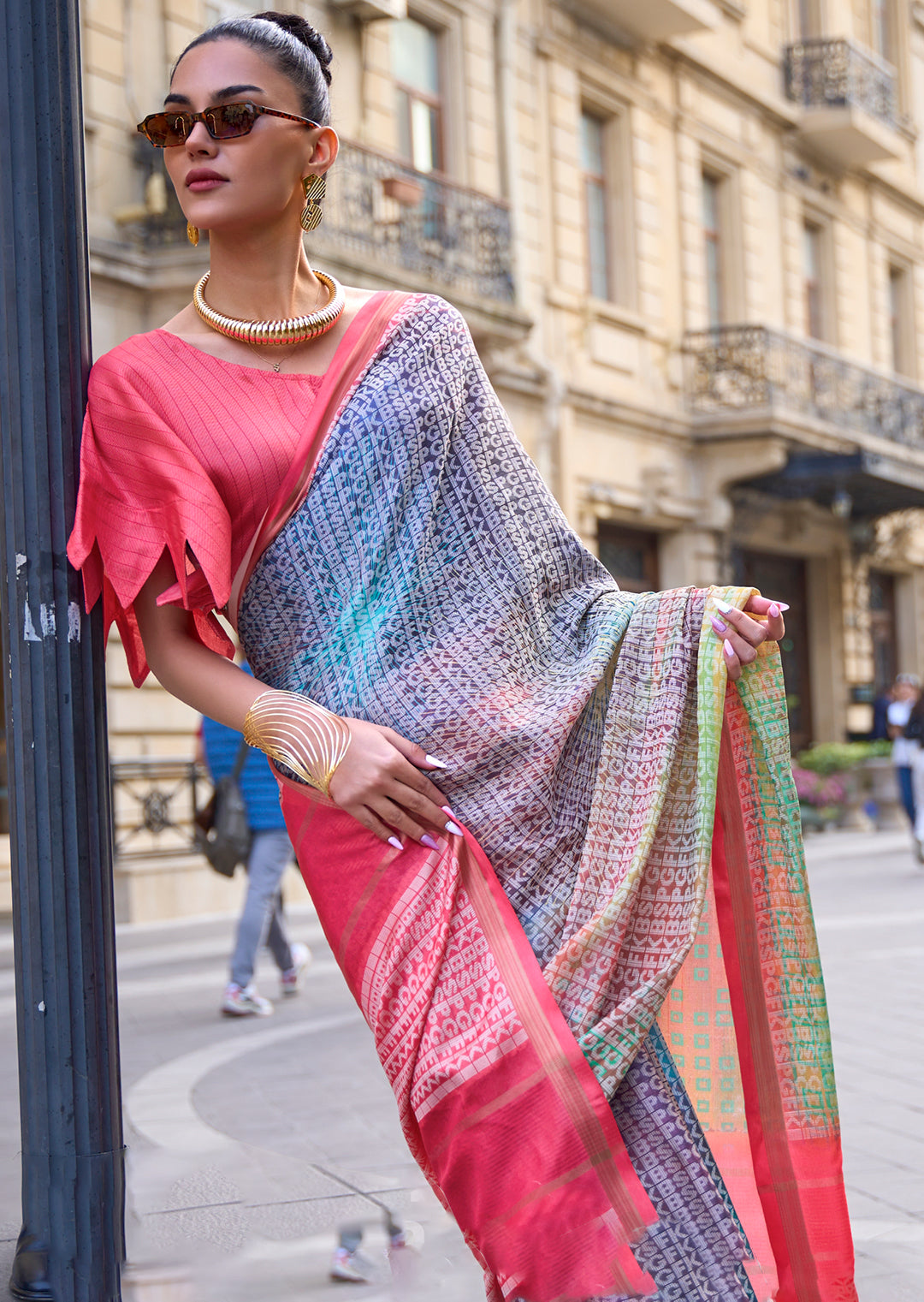 Grey Woven Digital Printed Crepe Silk Saree