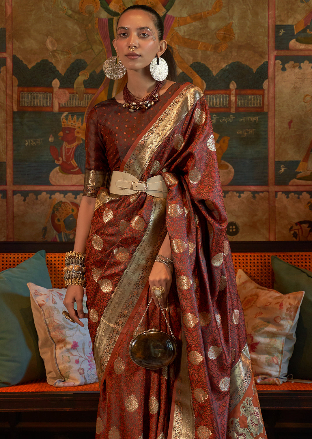 Brown Zari Woven Handloom Pure Banarasi Satin Silk Saree