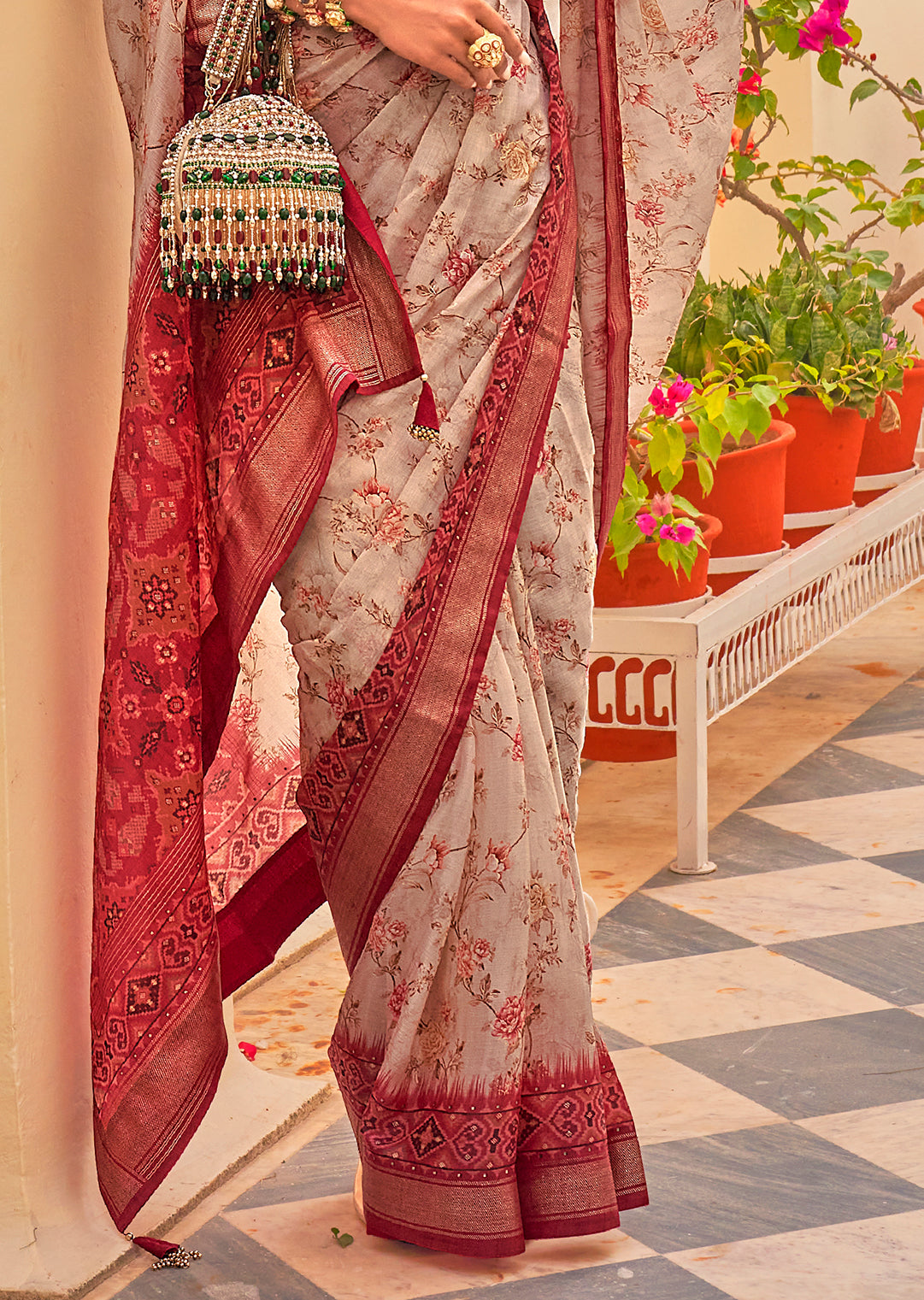 Cloud Grey & Red Woven Chiffon Patola Saree