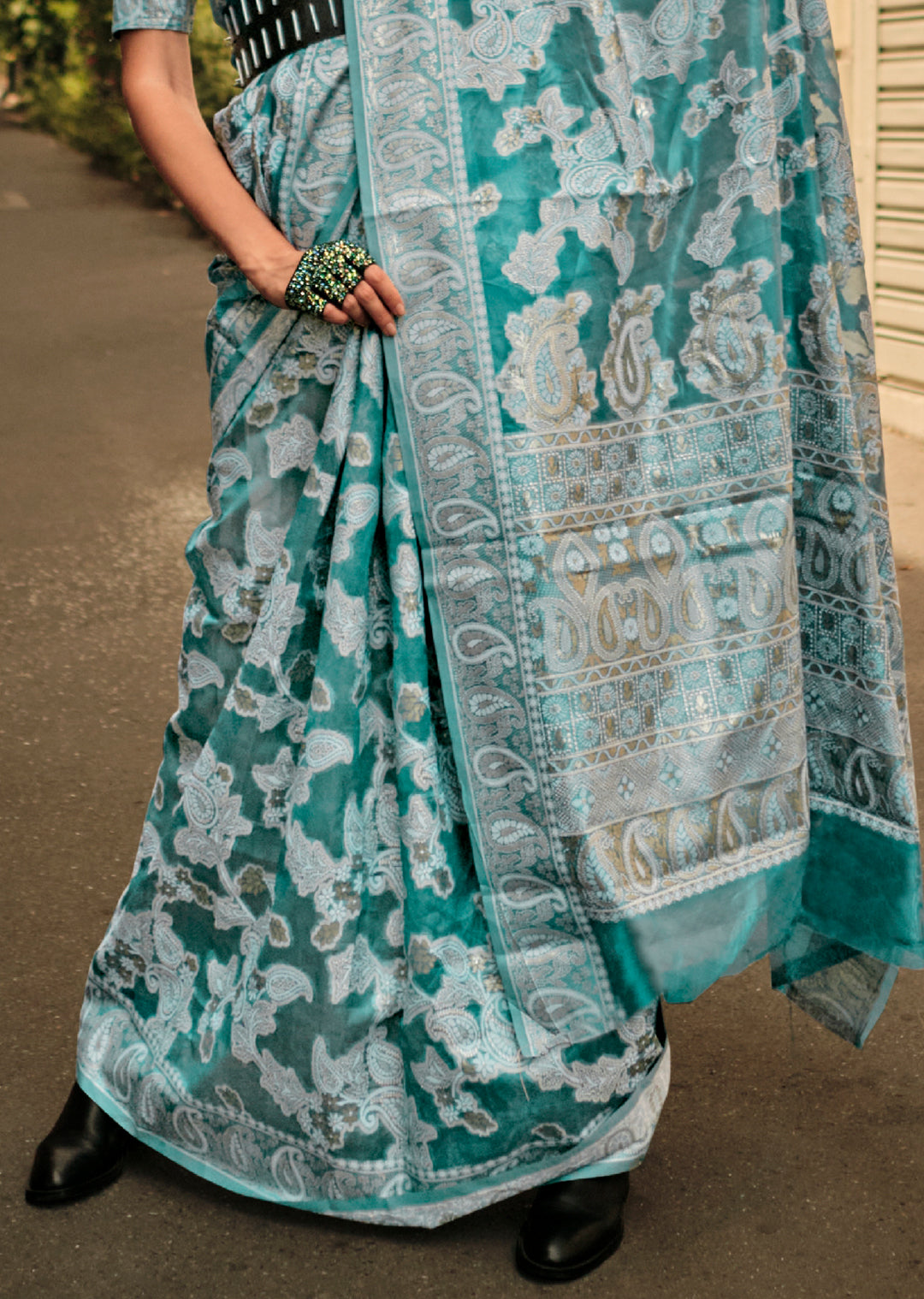 Turquoise Blue Woven Handloom Chikankari Lucknowi Organza Silk Saree