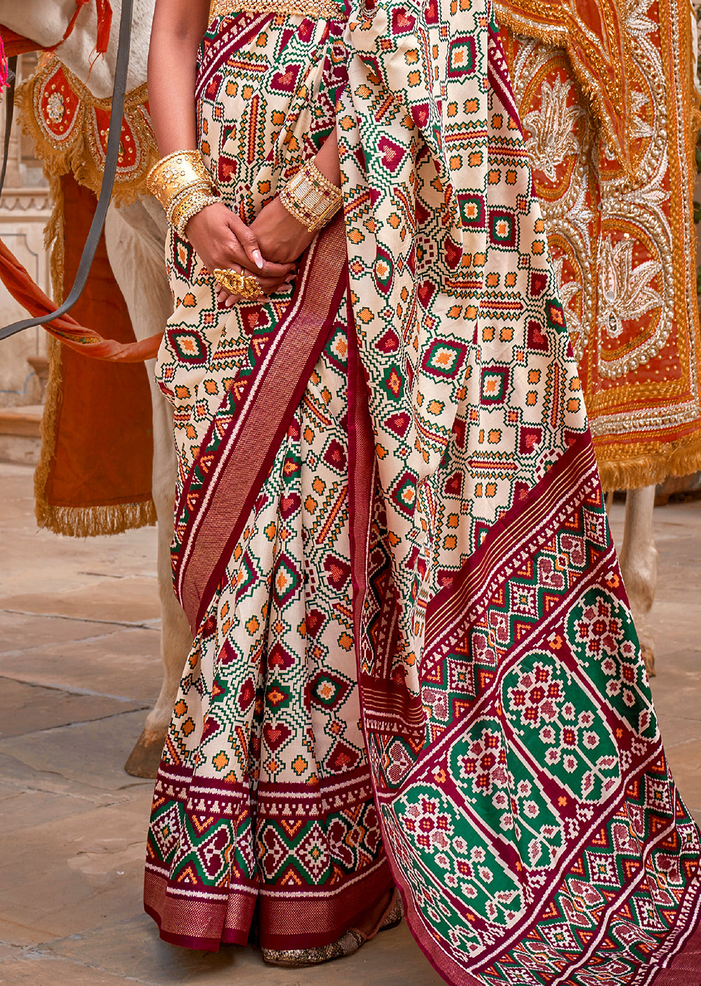 Maroon Red & White Woven Patola Silk Saree