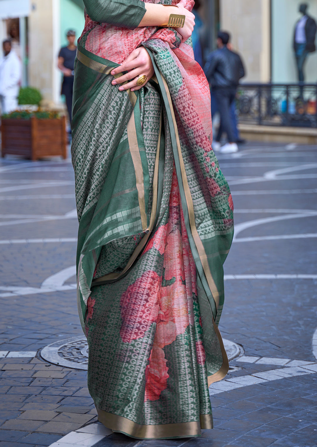 Bottle Green Woven Digital Printed Crepe Silk Saree