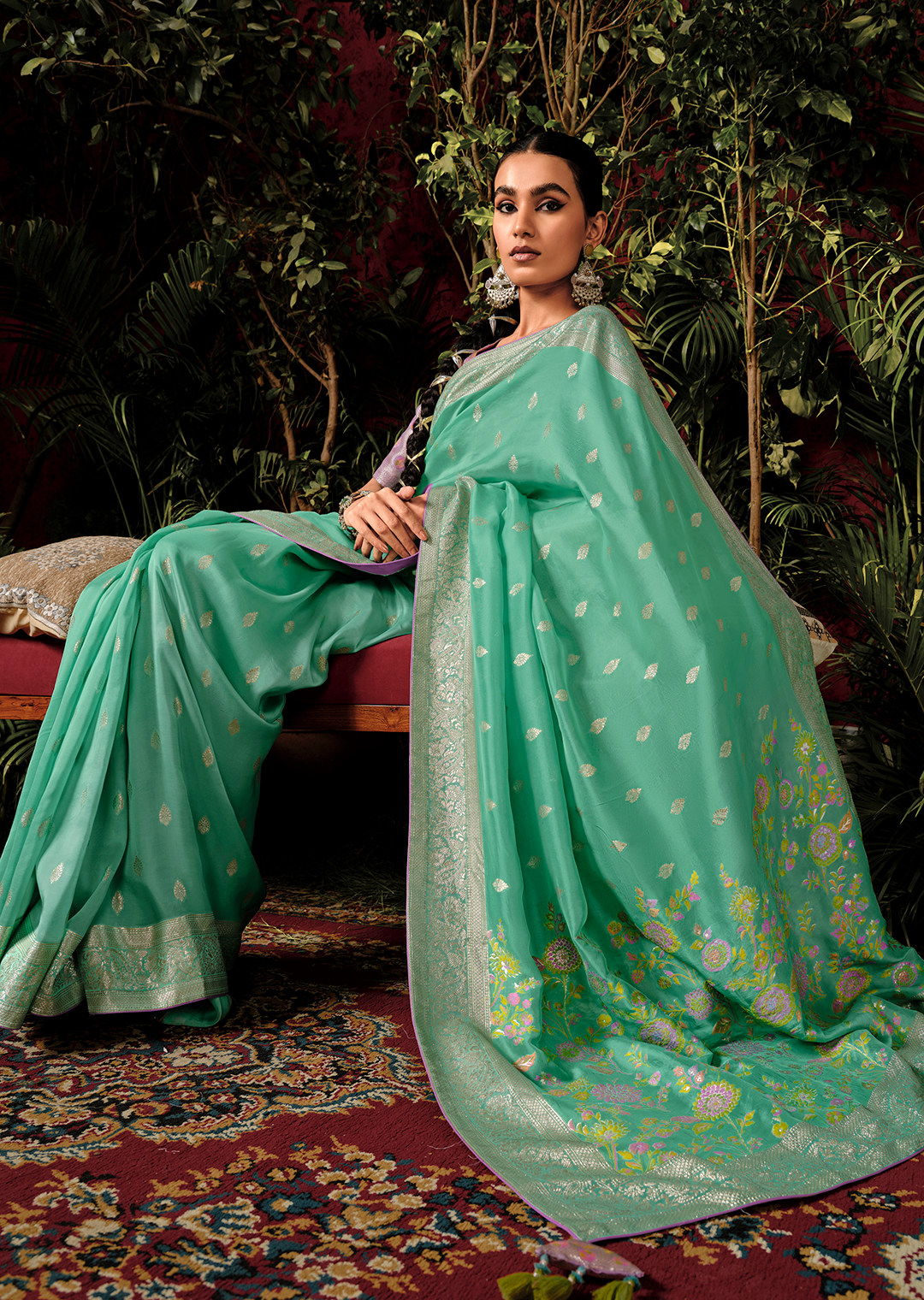 Mint Green Woven Pure Viscose Dola Silk Banarasi Saree