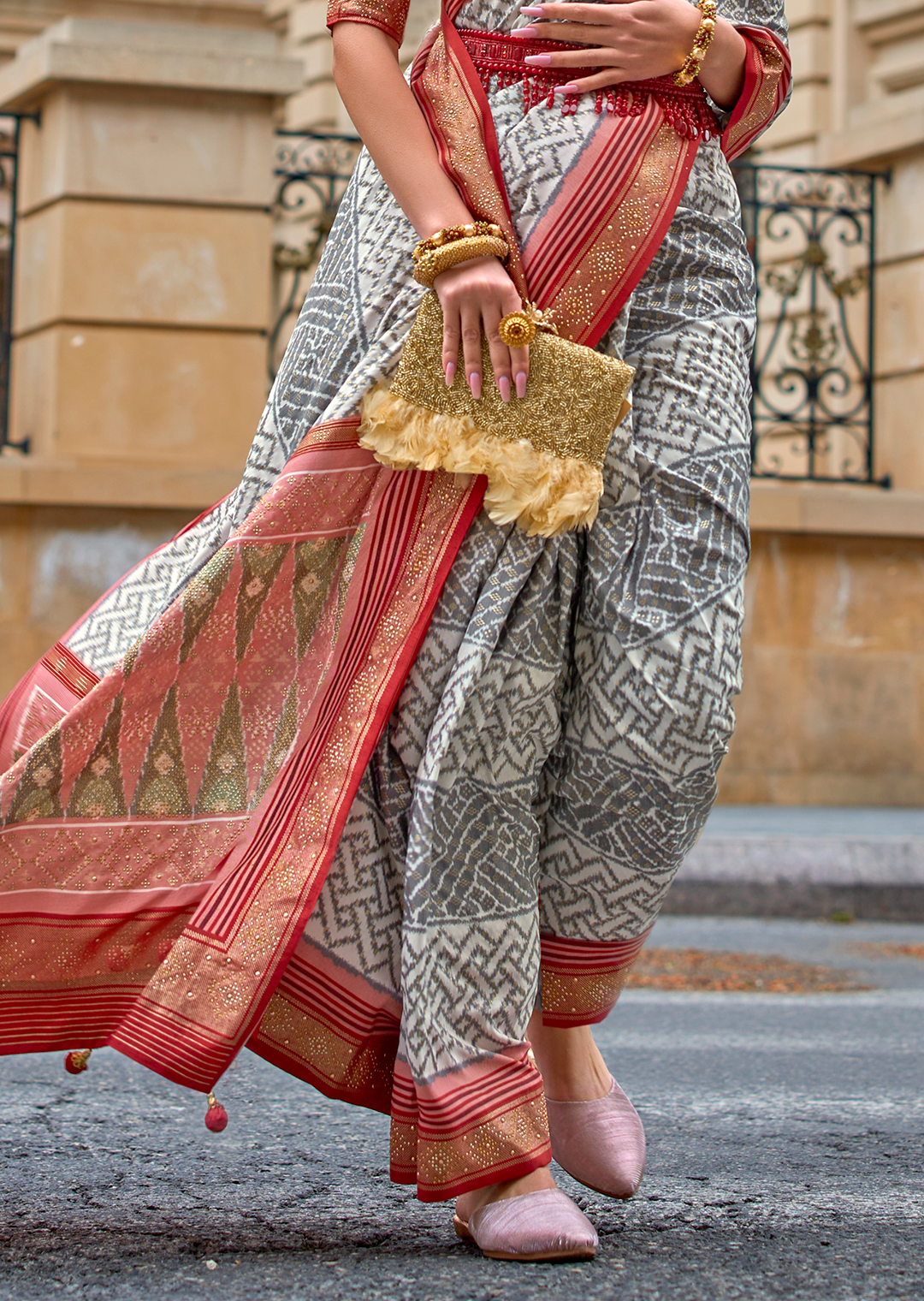 White & Red Woven Royal Traditional Patola Silk Saree