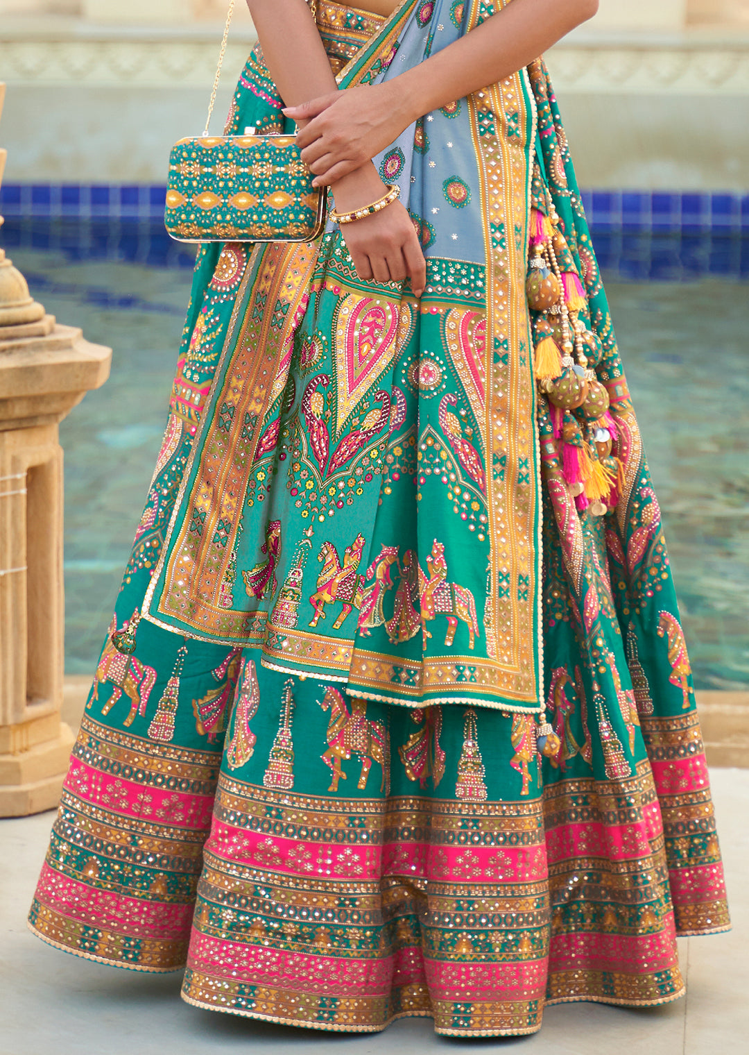 Turquoise Green Woven Traditional Rajwadi Patola Silk Lehenga